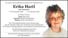 Traueranzeige Erika Hartl