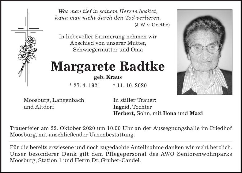 Traueranzeige Margarete Radtke