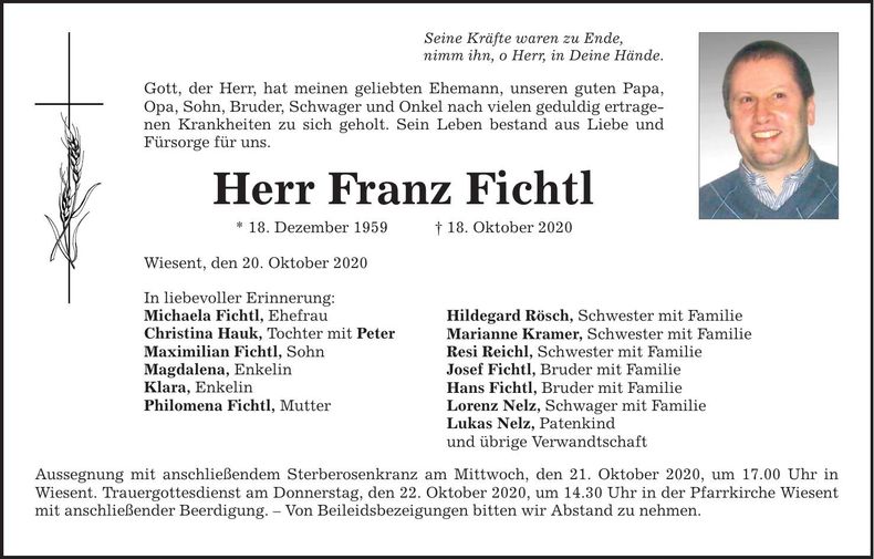 Traueranzeige Franz Fichtl