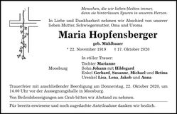 Traueranzeige Maria Hopfensberger