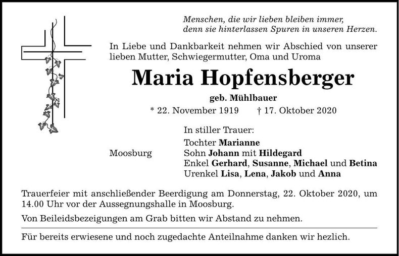 Traueranzeige Maria Hopfensberger