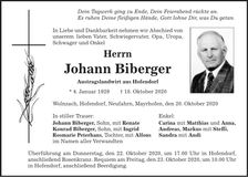 Traueranzeige Johann Biberger