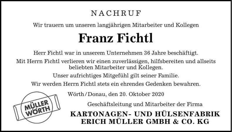 Traueranzeige Franz Fichtl