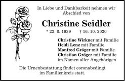 Traueranzeige Christine Seidler