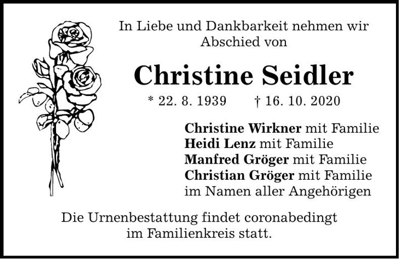 Traueranzeige Christine Seidler