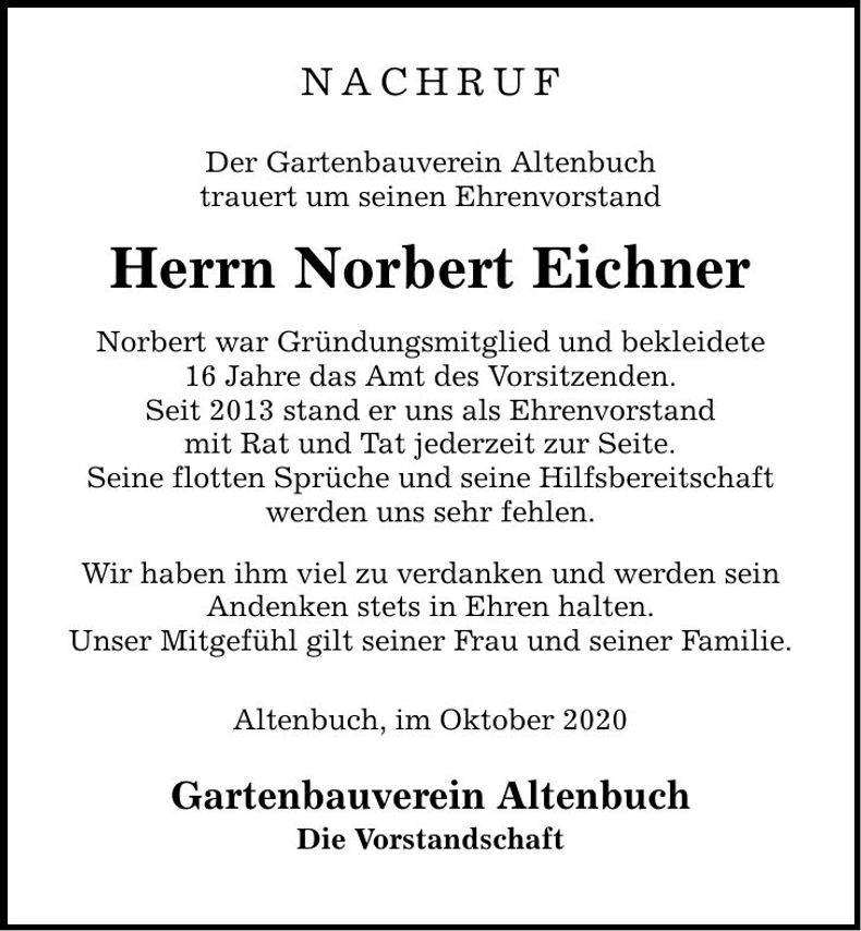 Traueranzeige Norbert Eichner