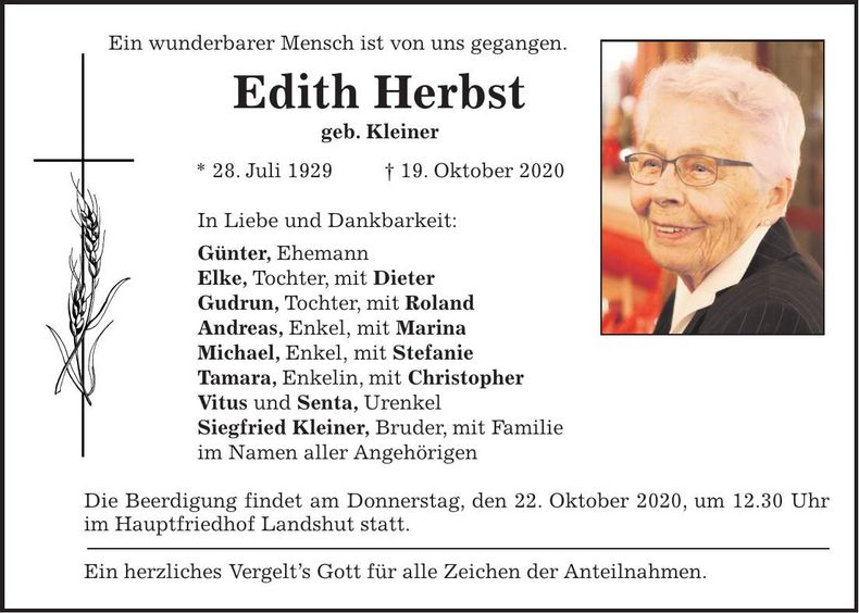 Traueranzeige Edith Herbst