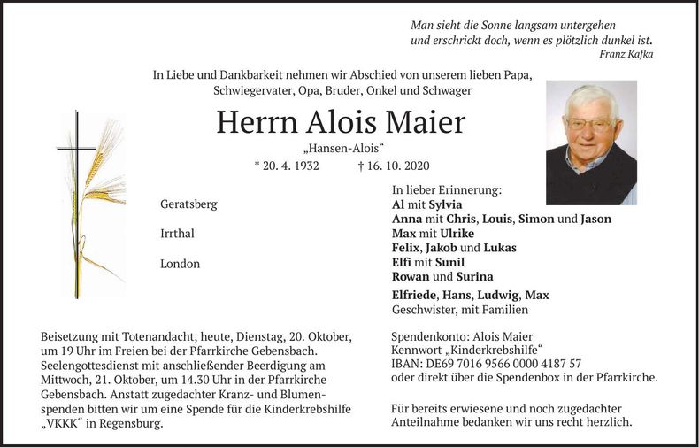 Traueranzeige Alois Maier