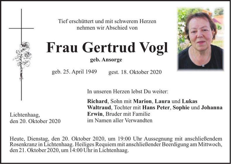 Traueranzeige Gertrud Vogl