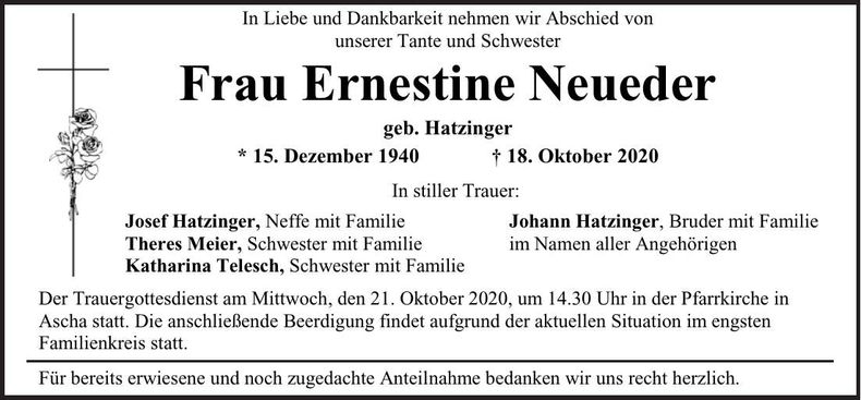 Traueranzeige Ernestine Neueder