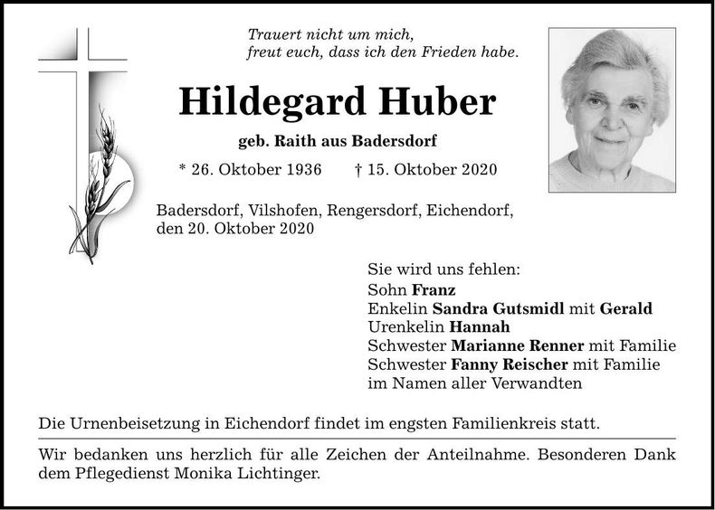 Traueranzeige Hildegard Huber