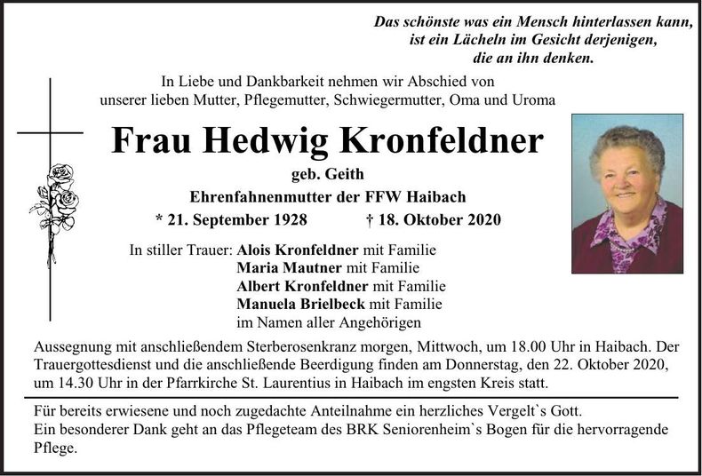 Traueranzeige Hedwig Kronfeldner