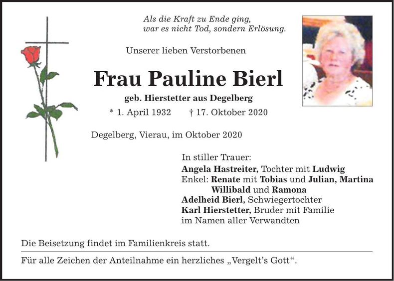 Traueranzeige Pauline Bierl