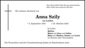 Traueranzeige Anna Szily