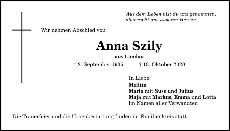 Traueranzeige Anna Szily