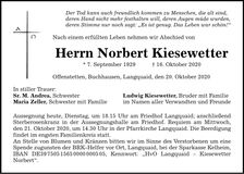 Traueranzeige Norbert Kiesewetter