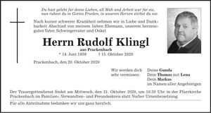 Traueranzeige Rudolf Klingl