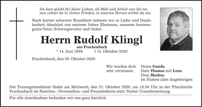 Traueranzeige Rudolf Klingl
