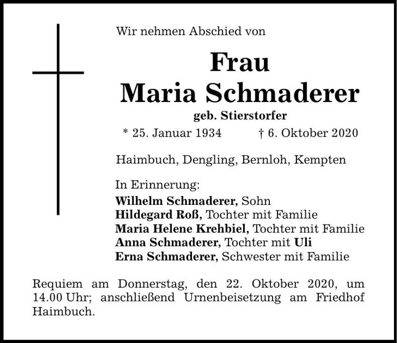 Traueranzeige Maria Schmaderer