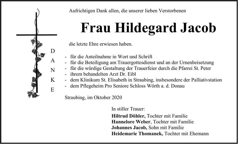 Traueranzeige Hildegard Jacob