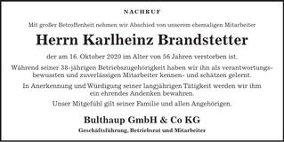 Traueranzeige Karlheinz Brandstetter