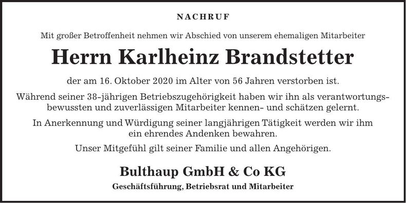 Traueranzeige Karlheinz Brandstetter