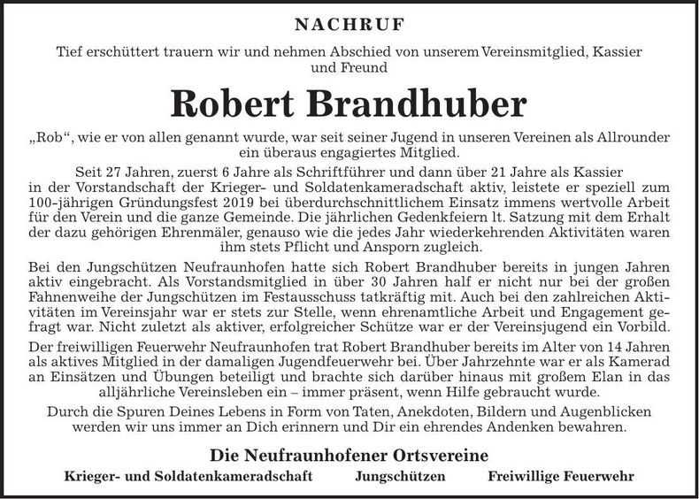 Traueranzeige Robert Brandhuber