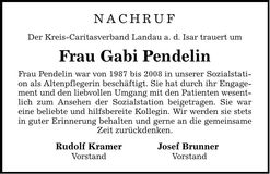 Traueranzeige Gabi Pendelin