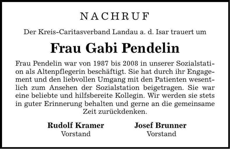 Traueranzeige Gabi Pendelin