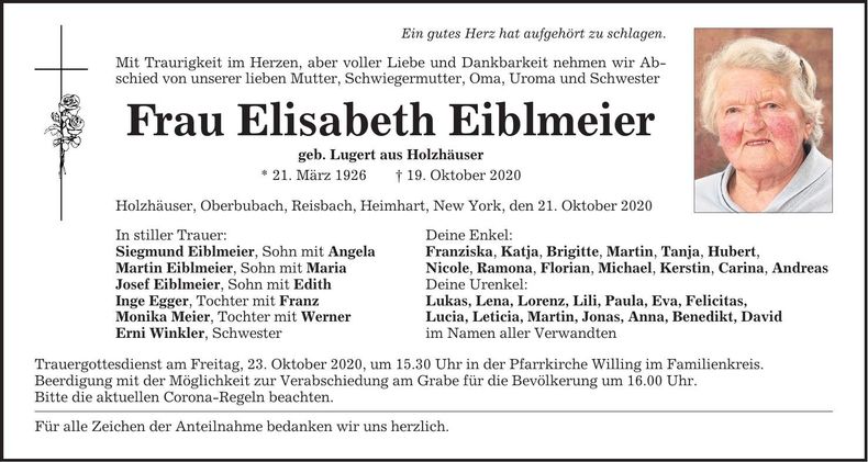 Traueranzeige Elisabeth Eiblmeier