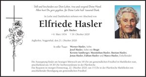 Traueranzeige Elfriede Hasler