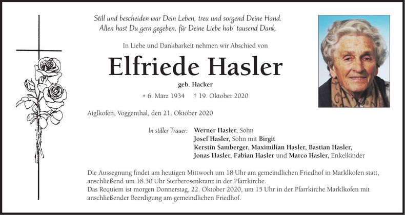 Traueranzeige Elfriede Hasler