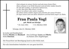 Traueranzeige Paula Vogl