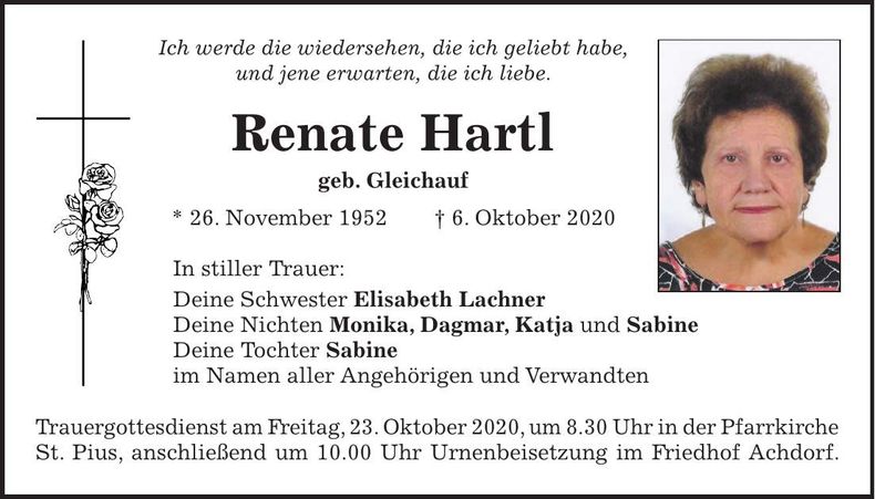 Traueranzeige Renate Hartl