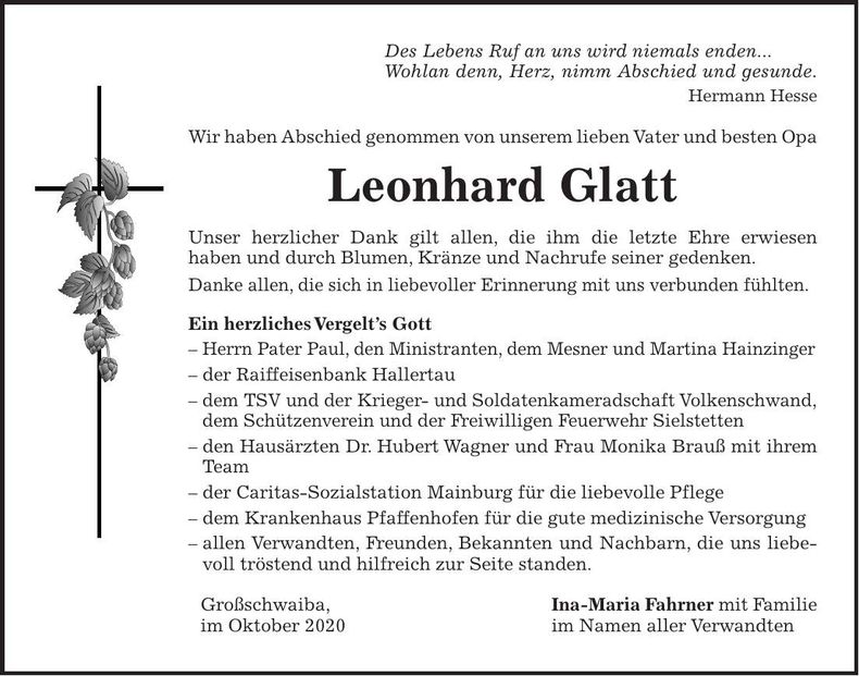 Traueranzeige Leonhard Glatt
