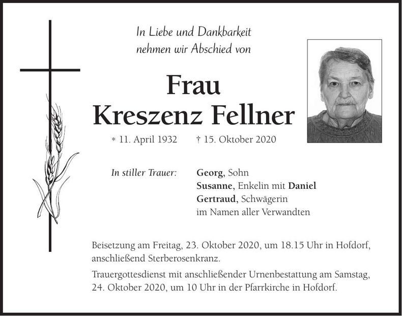 Traueranzeige Kreszenz Fellner