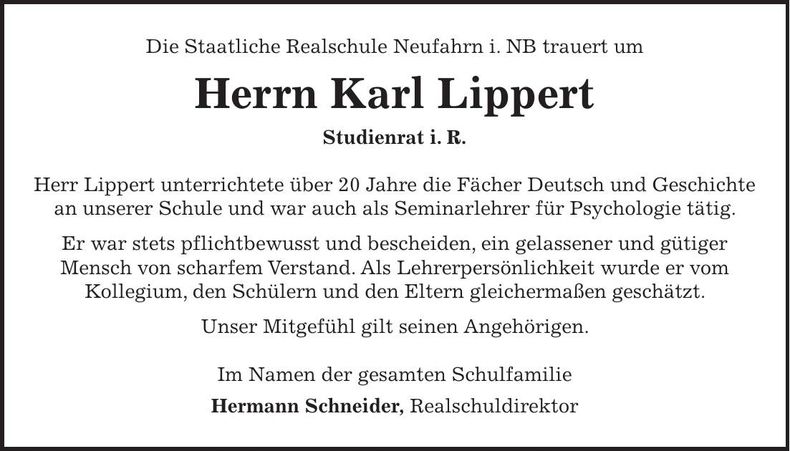 Traueranzeige Karl Lippert