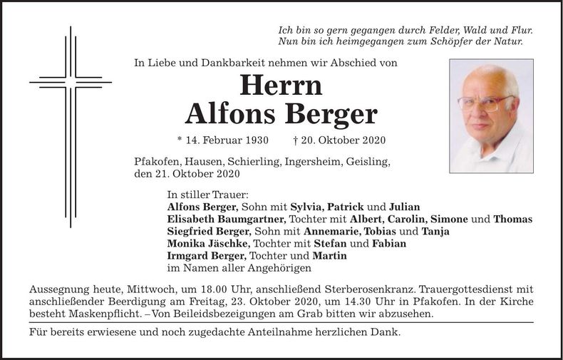 Traueranzeige Alfons Berger
