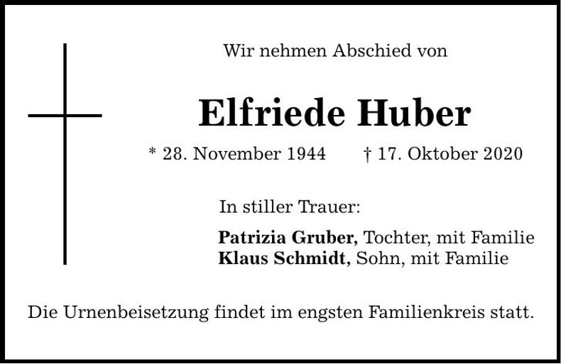 Traueranzeige Elfriede Huber