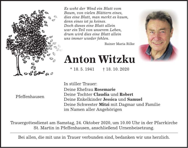 Traueranzeige Anton Witzku