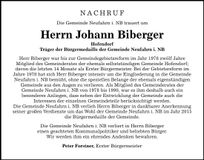 Traueranzeige Johann Biberger