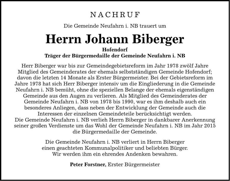 Traueranzeige Johann Biberger