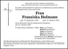 Traueranzeige Franziska Hofmann