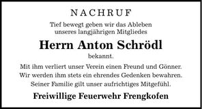 Traueranzeige Anton Schrödl