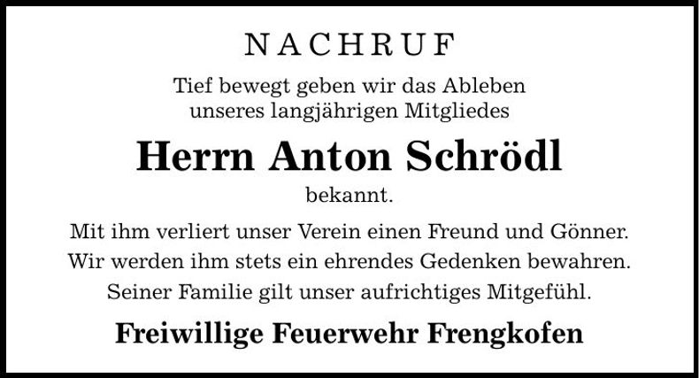 Traueranzeige Anton Schrödl
