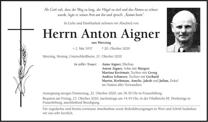 Traueranzeige Anton Aigner