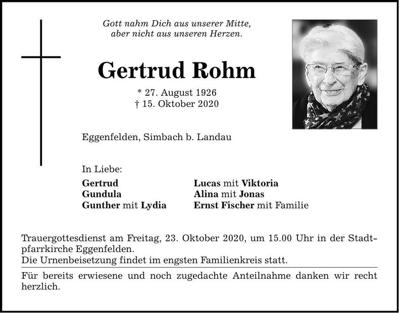 Traueranzeige Gertrud Rohm