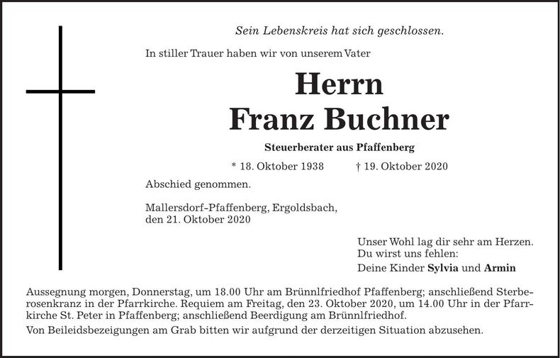 Traueranzeige Franz Buchner