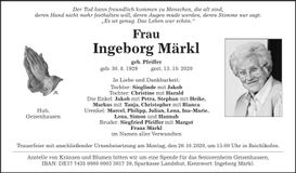 Traueranzeige Ingeborg Märkl