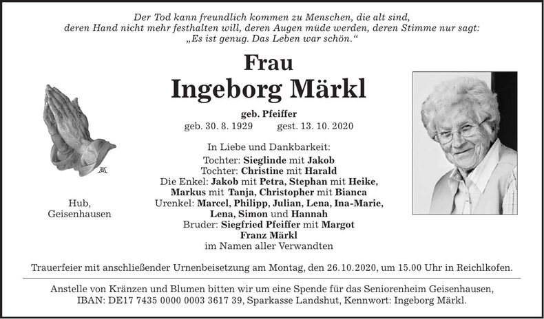 Traueranzeige Ingeborg Märkl